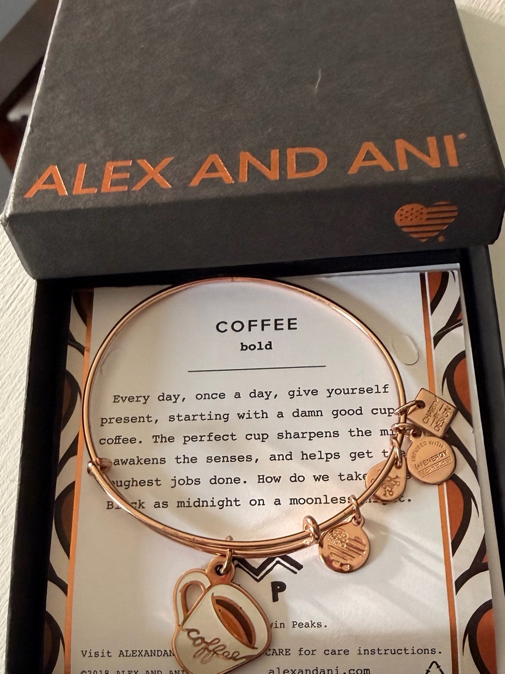 Alex and Ani Rose Gold Coffee Cup Charm Bangle Bracelet